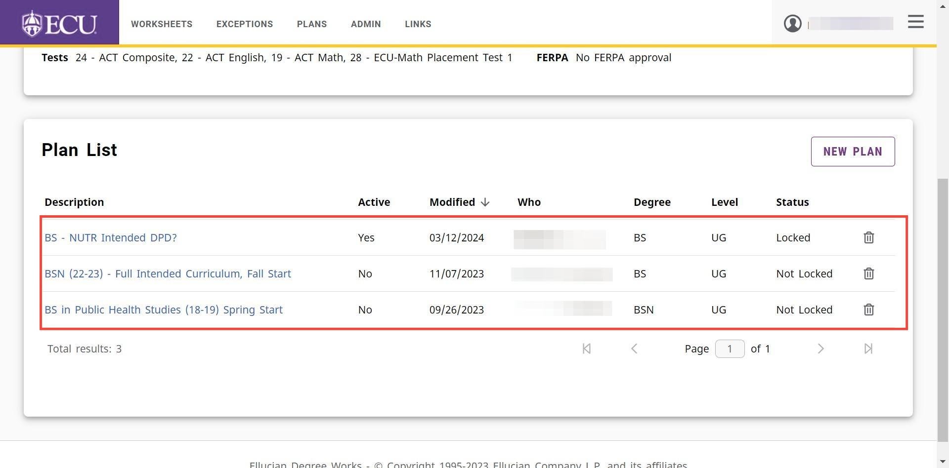 Screenshot of plan list block