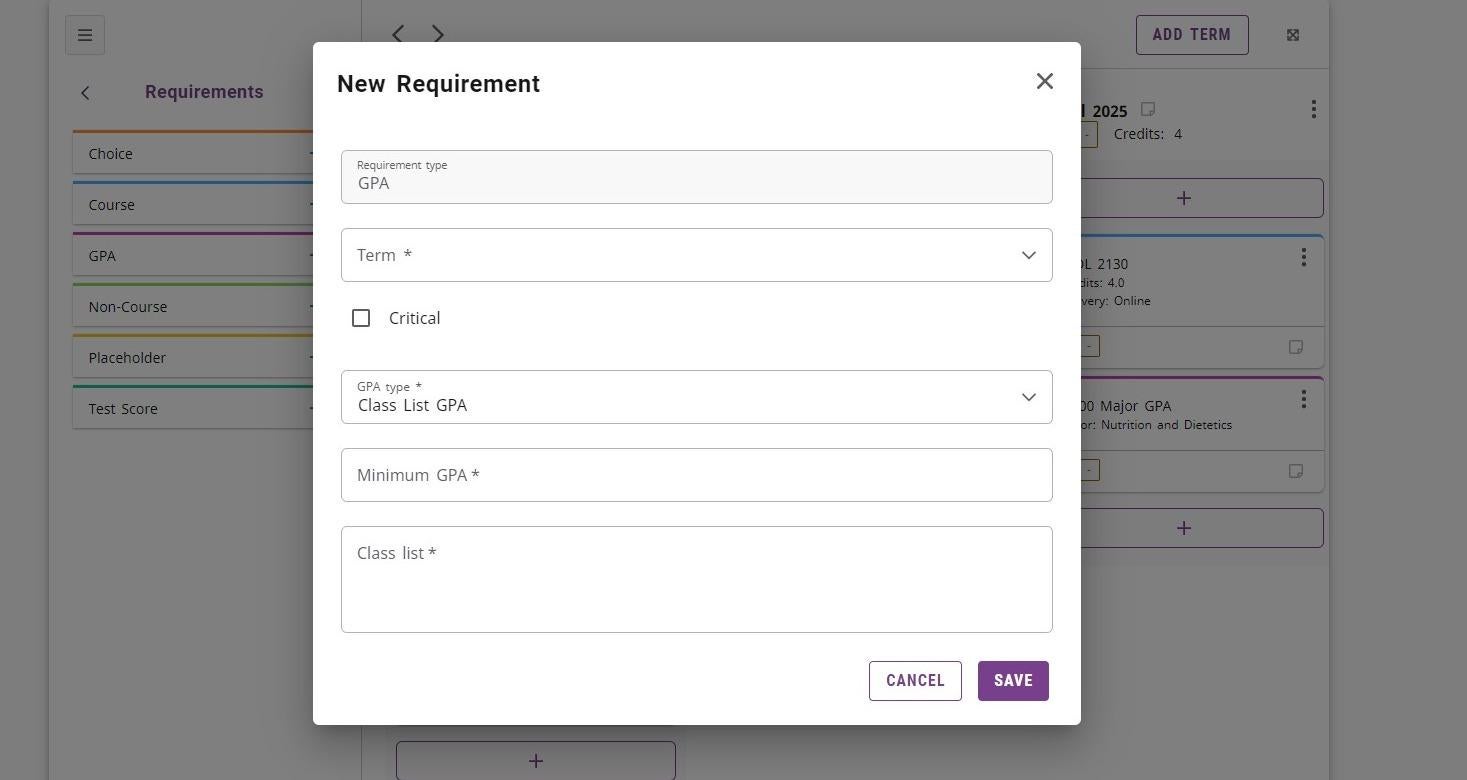 Screenshot of Minimum GPA field