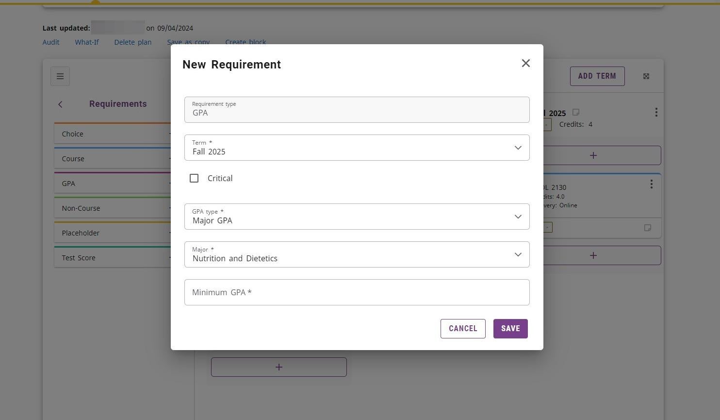 Screenshot of Minimum GPA field