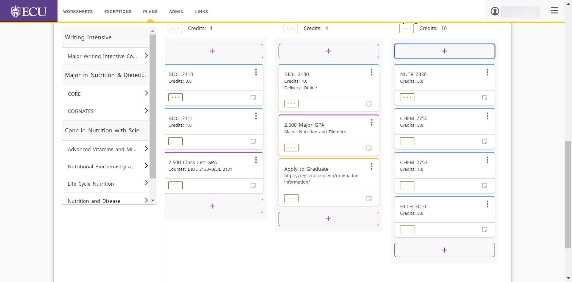 Screenshot of multiple courses added to plan