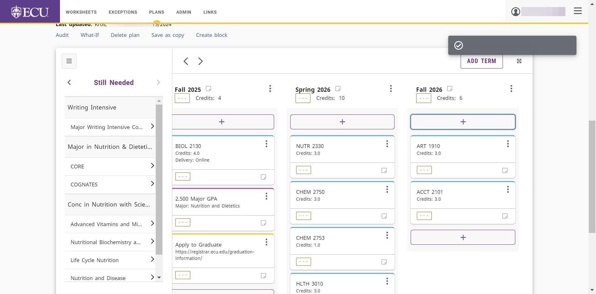 Screenshot of multiple courses added to plan