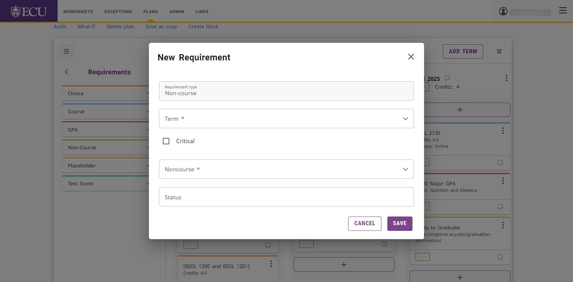 Screenshot of term field selection