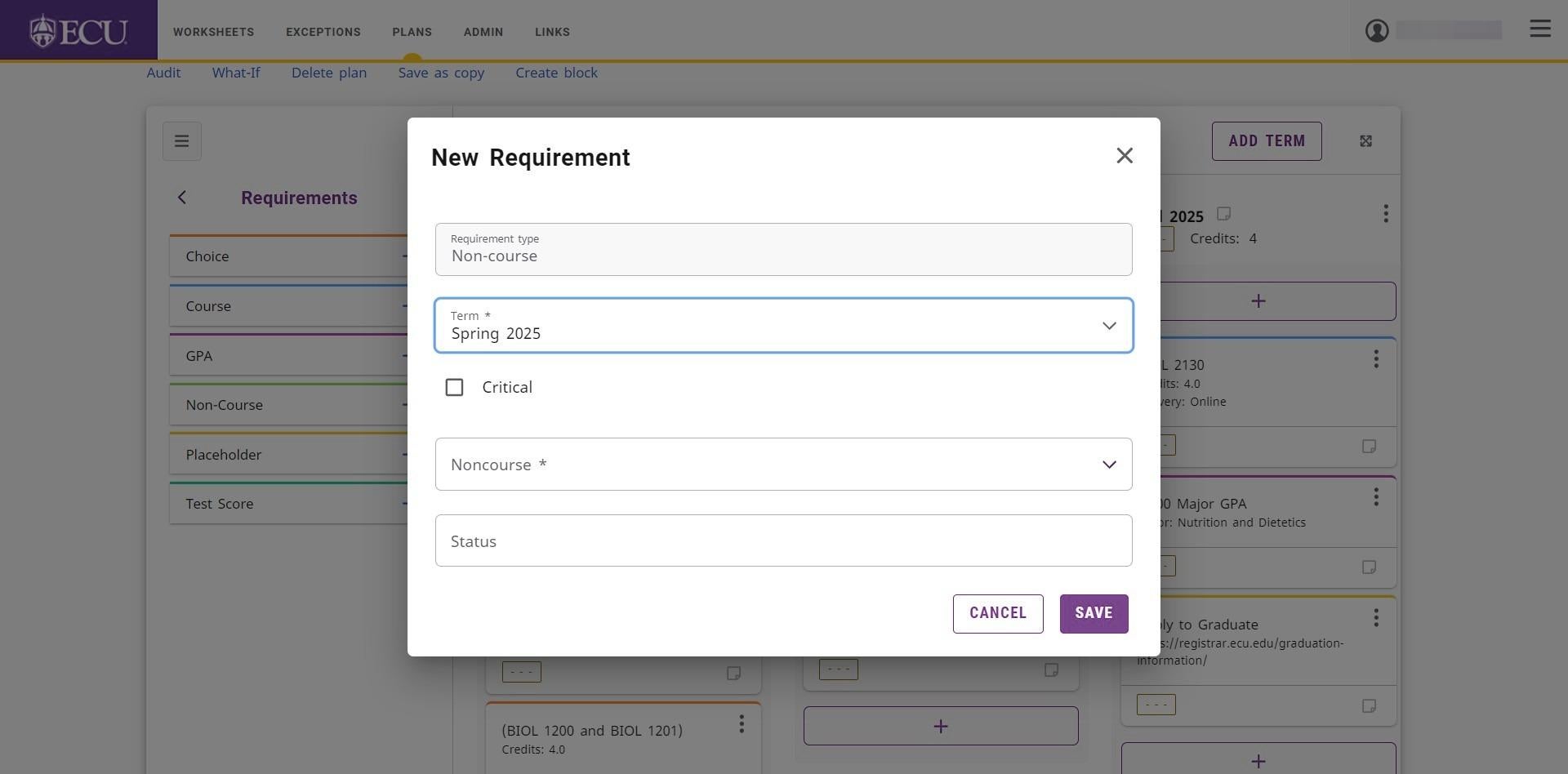 Screenshot of non course requirement field selection