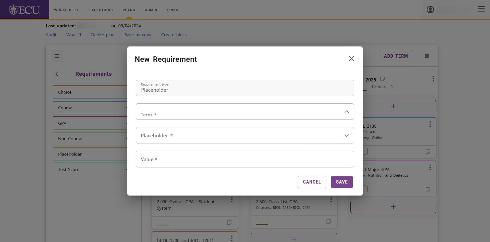 Screenshot of Term selection field