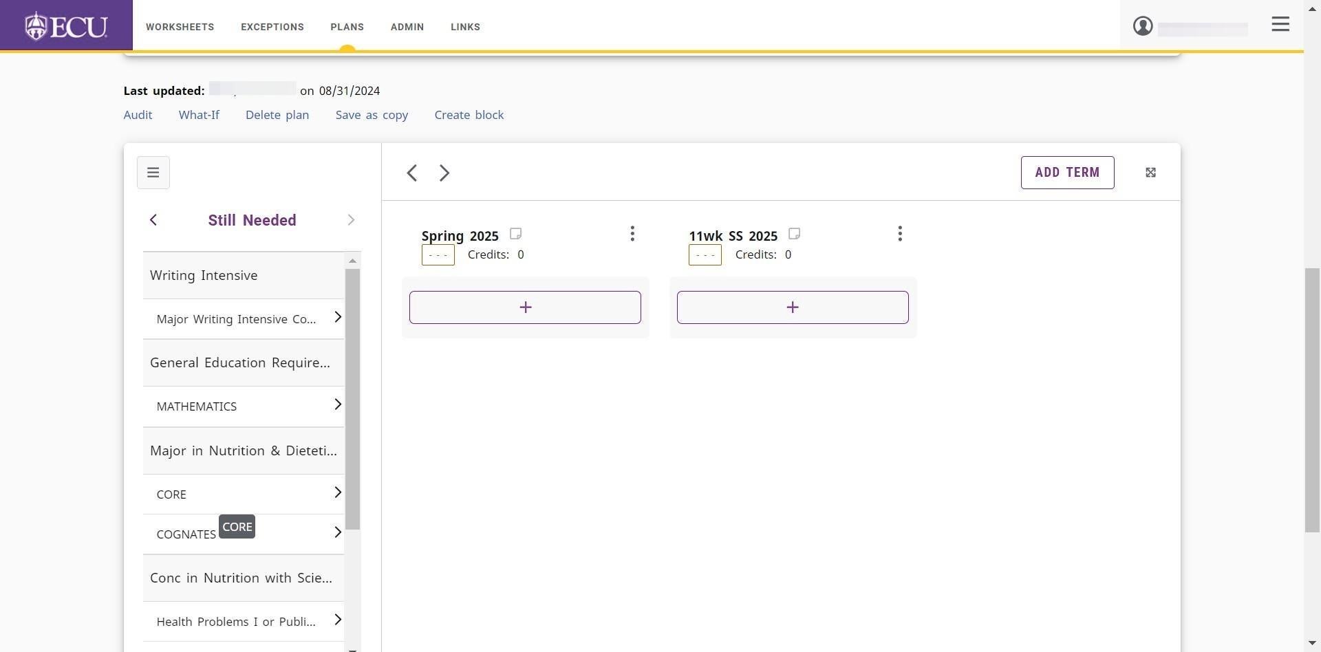 Screenshot of course areas in Still Needed requirements