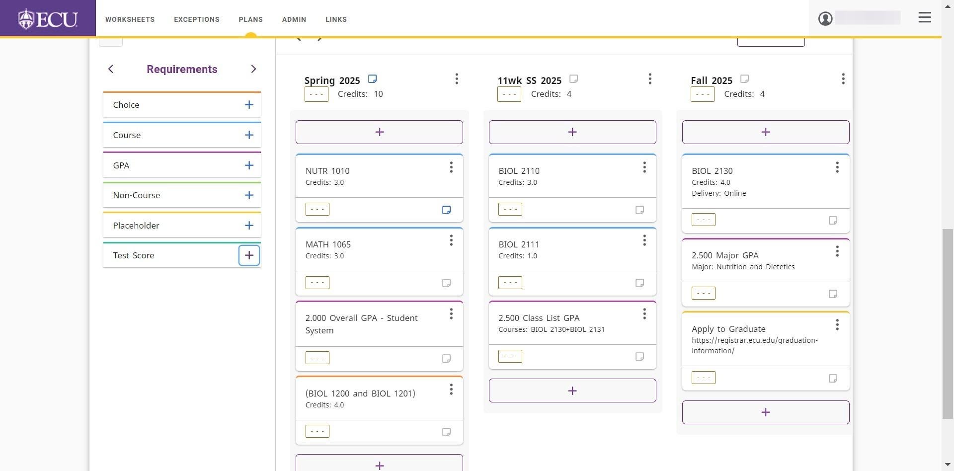 Screenshot of Add Test Score requirement