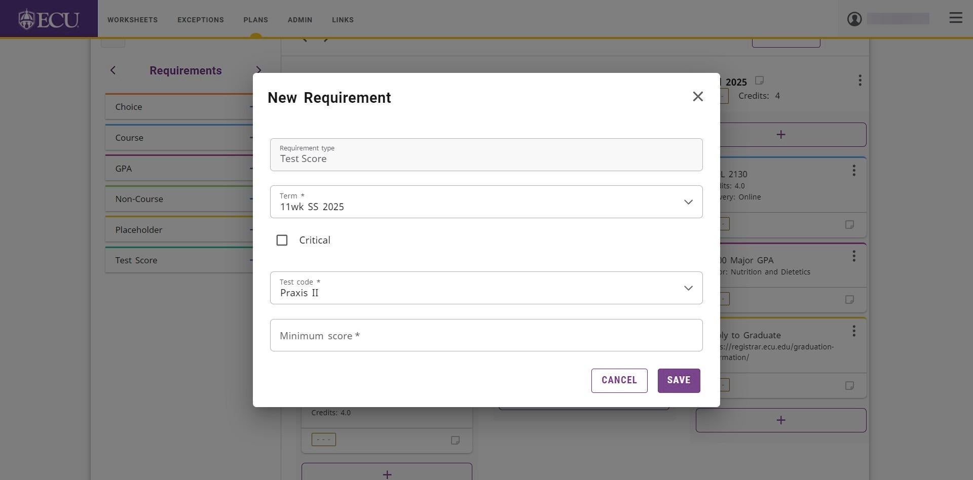 Screenshot of Minimum Score field