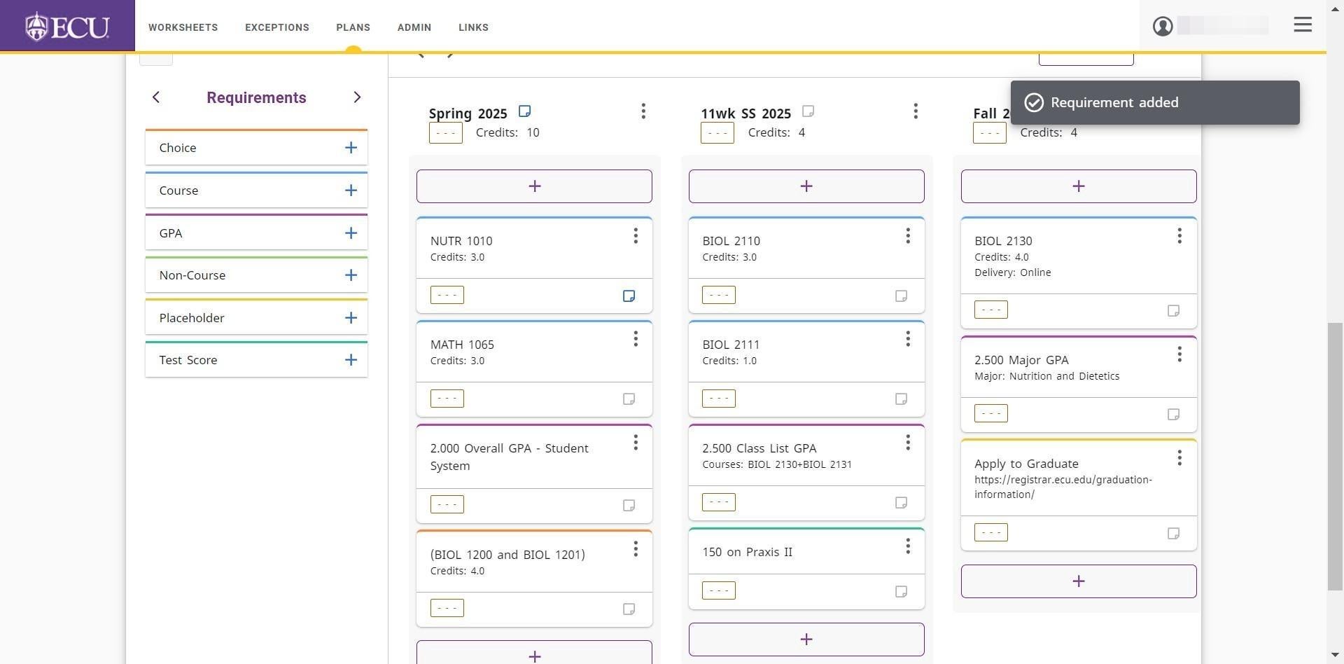 Screenshot of Test requirement on plan