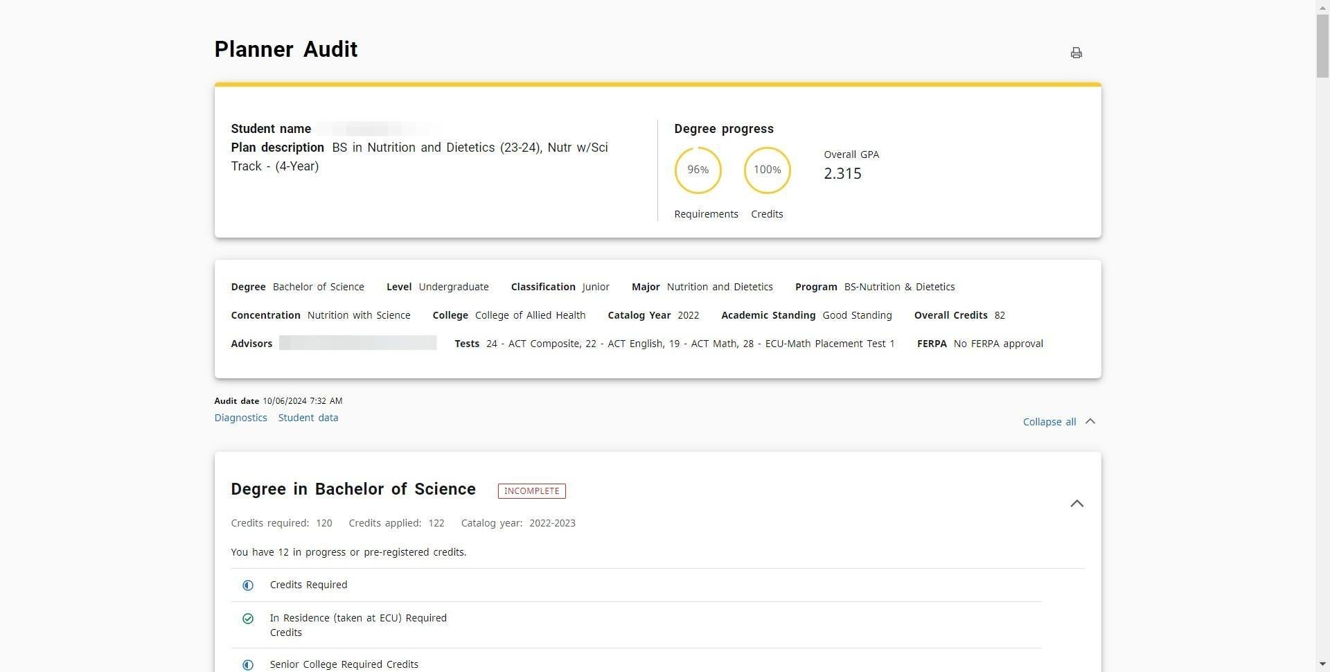 Screenshot of Planner Audit display