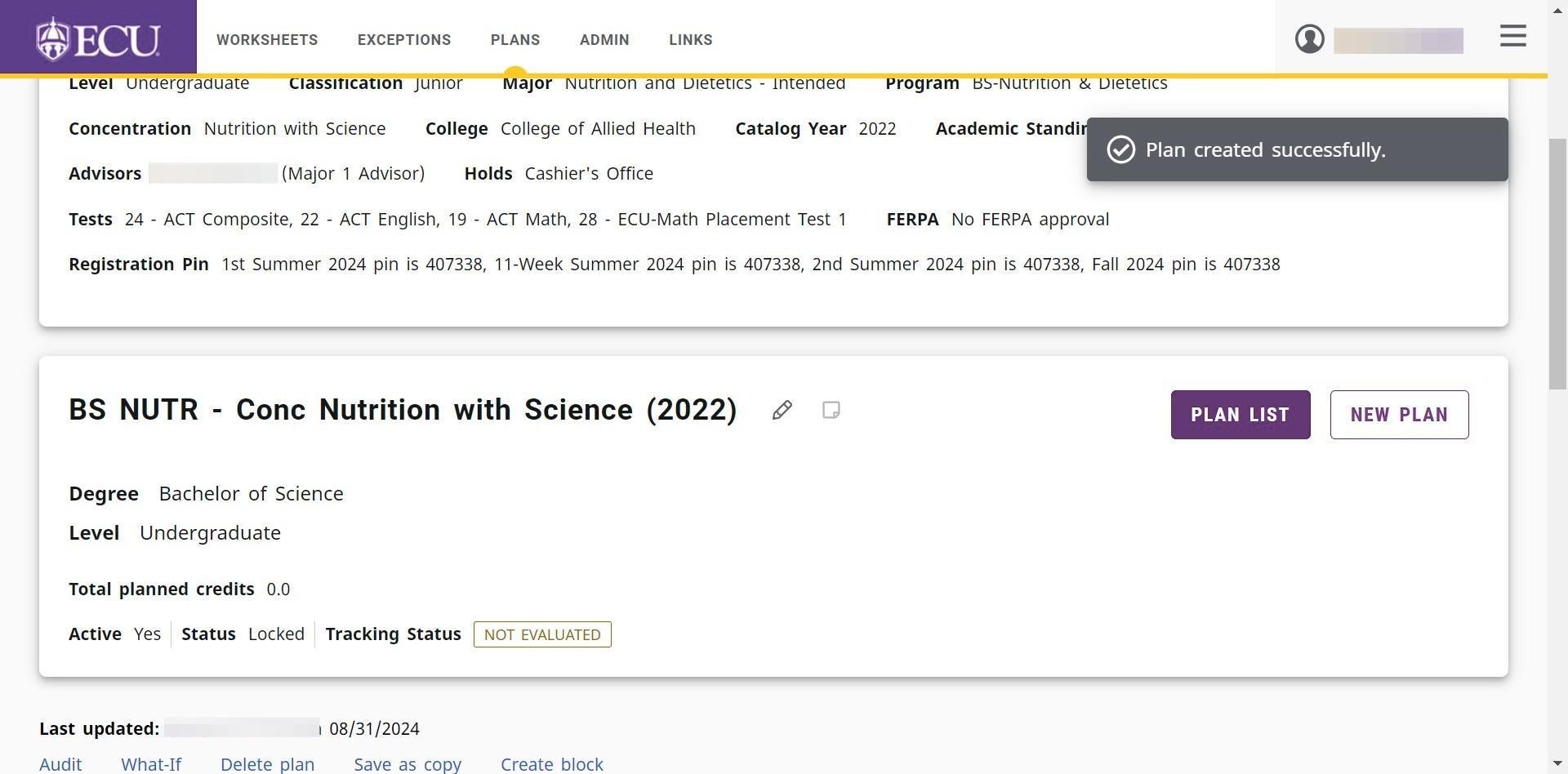 Screenshot of new student plan