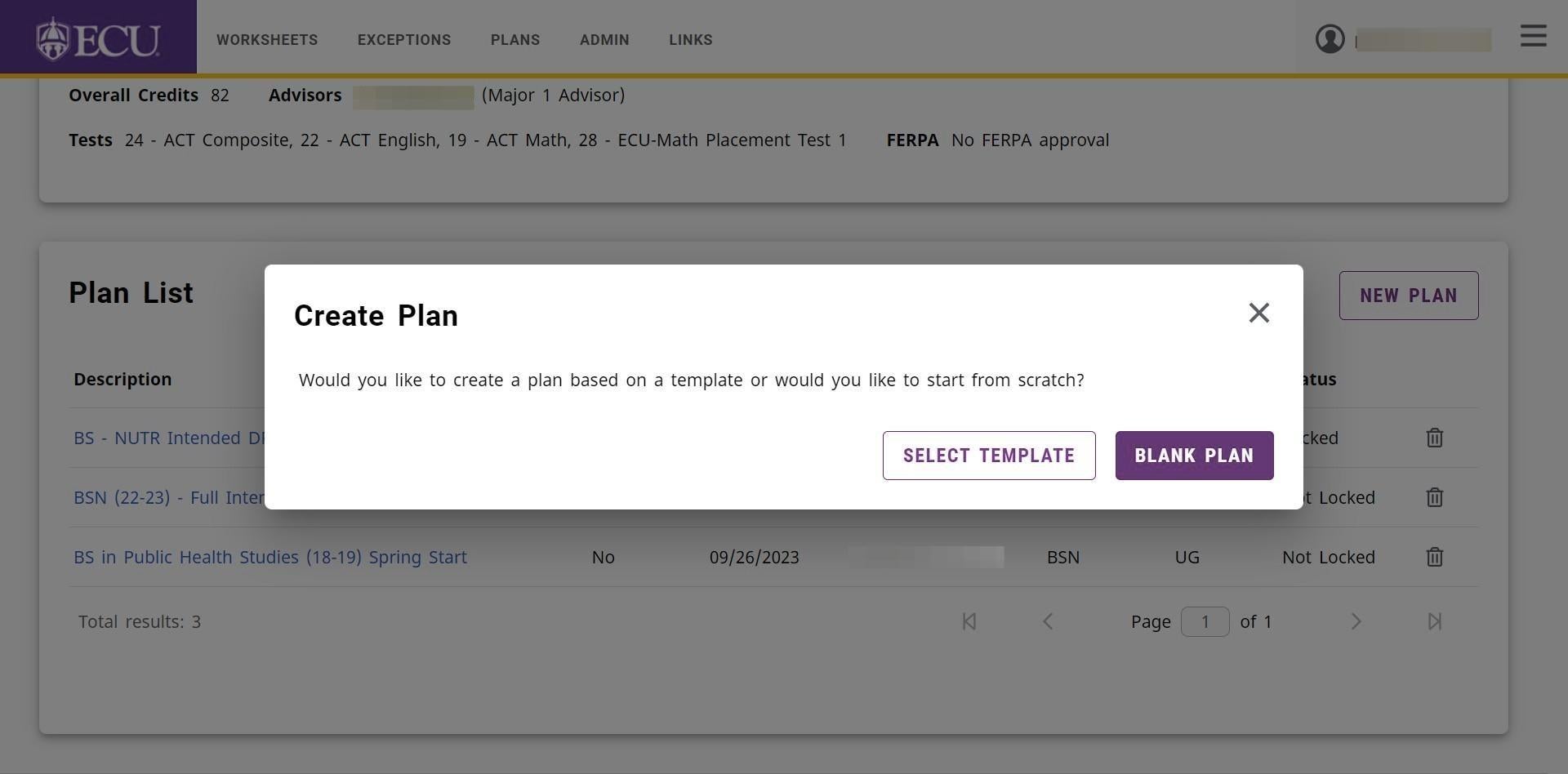 Screenshot of blank plan button