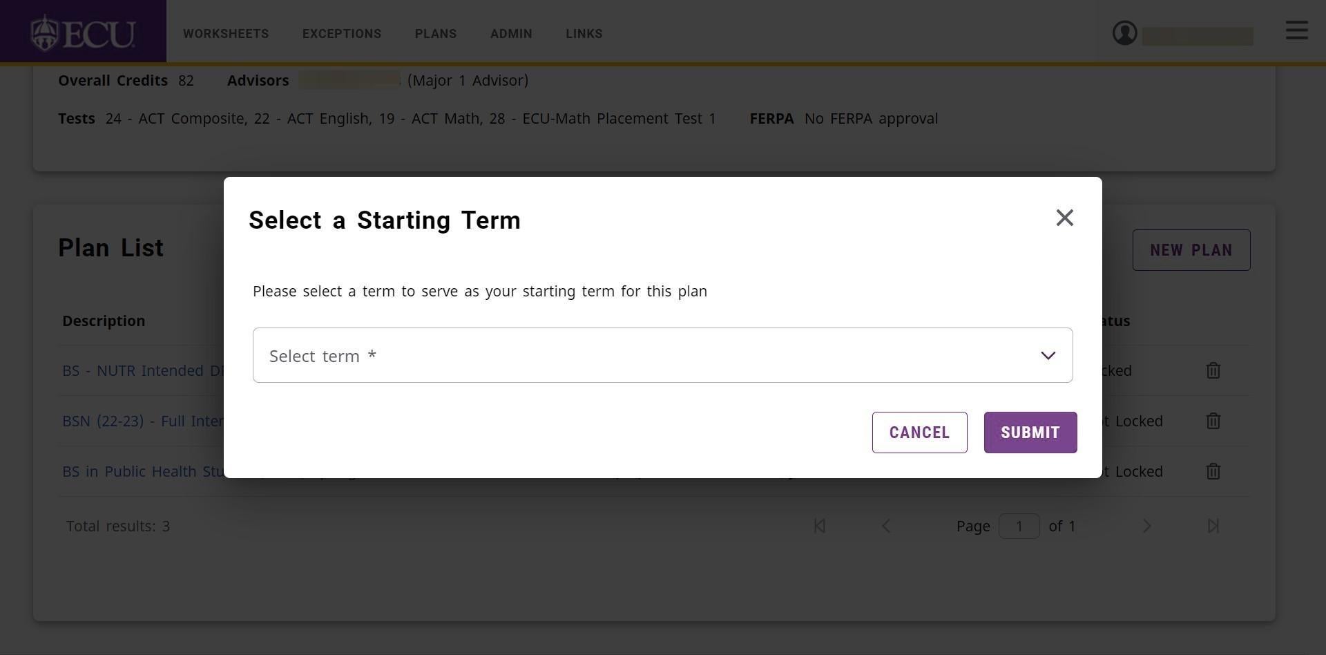 Screenshot of select a starting term drop down