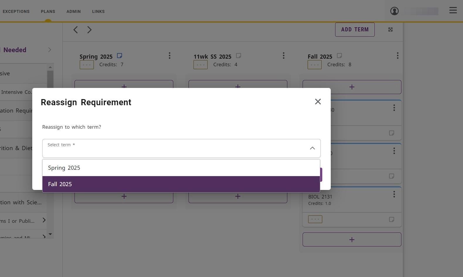 Screenshot of requirement term list