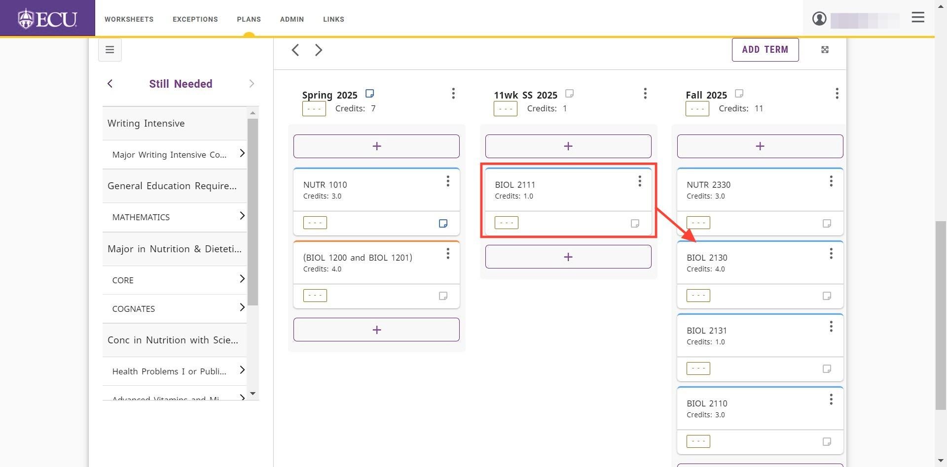 Screenshot of dragging requirement to a different term