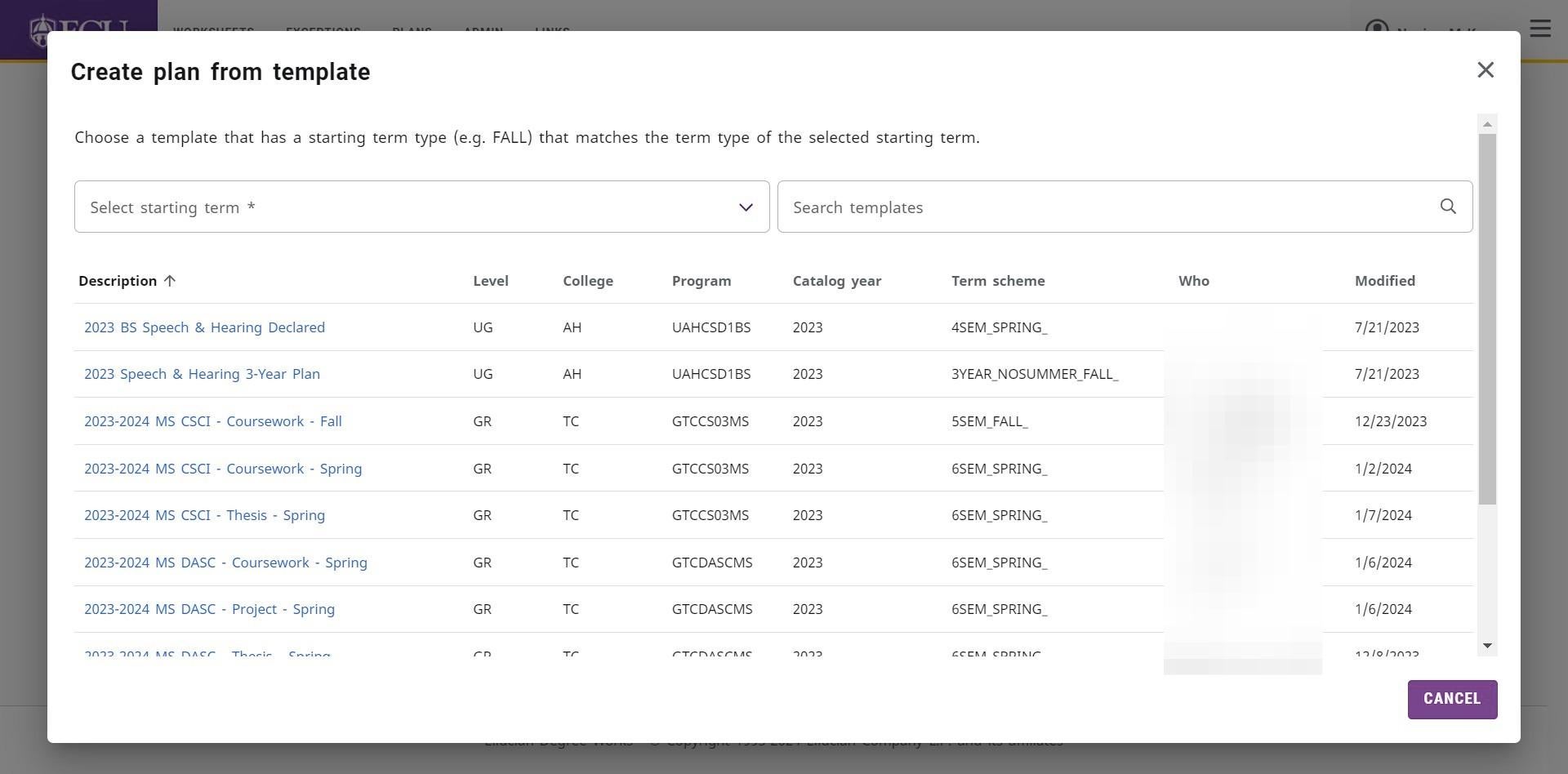 Screenshot of select starting term drop down menu