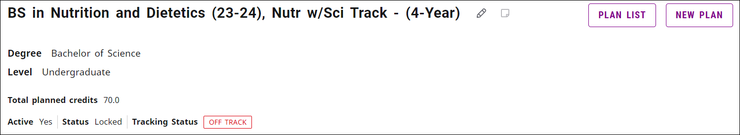 Screenshot of a BS in Nutrition and Dietetics plan that is off track.